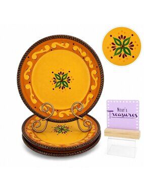 Celebrating Home TUSCAN Orange Red Yellow Rope Trim Stoneware Dinner Plate Set 3